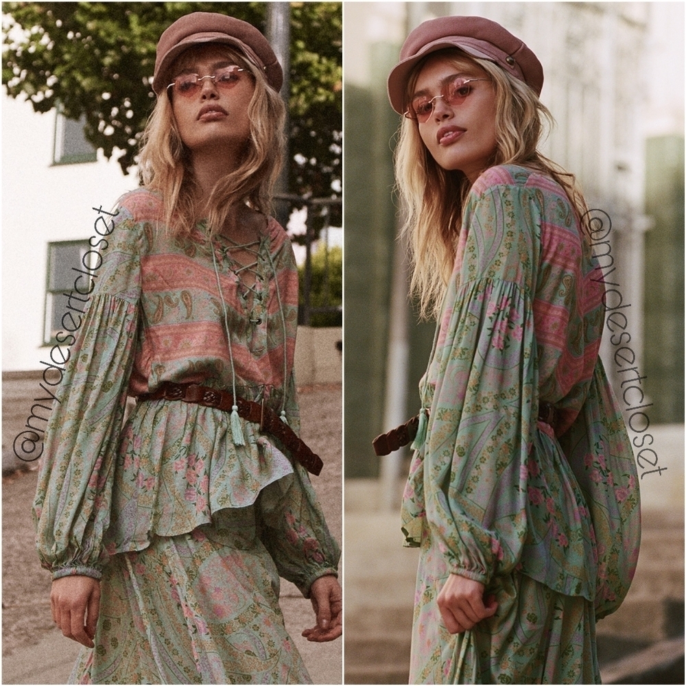 Spell and The Gypsy City Lights Boho Rayon Floral Lace Up Blouse NWT